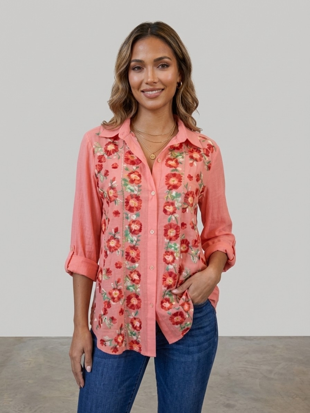 New Women's Boho Chic Coral Floral Embroidered Button-Front Blouse Shirt Medium